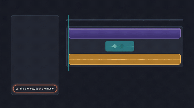 A typed request in the AI chat; the model cuts the silences and ducks the music on the timeline